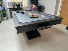 Load image into Gallery viewer, Matt black LIGHTNING pool diner table featuring a hidden drawer and billiard accessories.