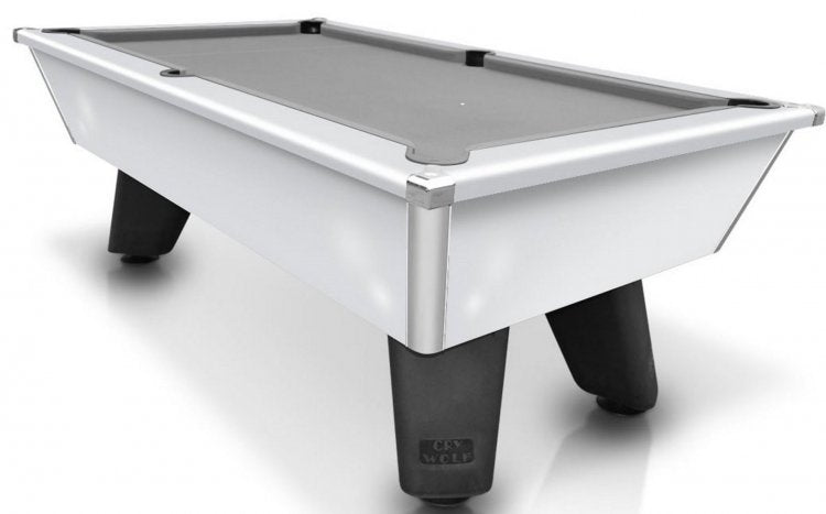 Outdoor white Cry Wolf slate bed pool table with modern design and sturdy legs.