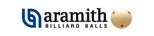 Aramith billiard balls logo featuring a beige ball with red dots and bold text.