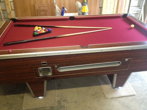 Reconditioned 7' x 4' Rosewood Superleague pool table with red felt and classic design.